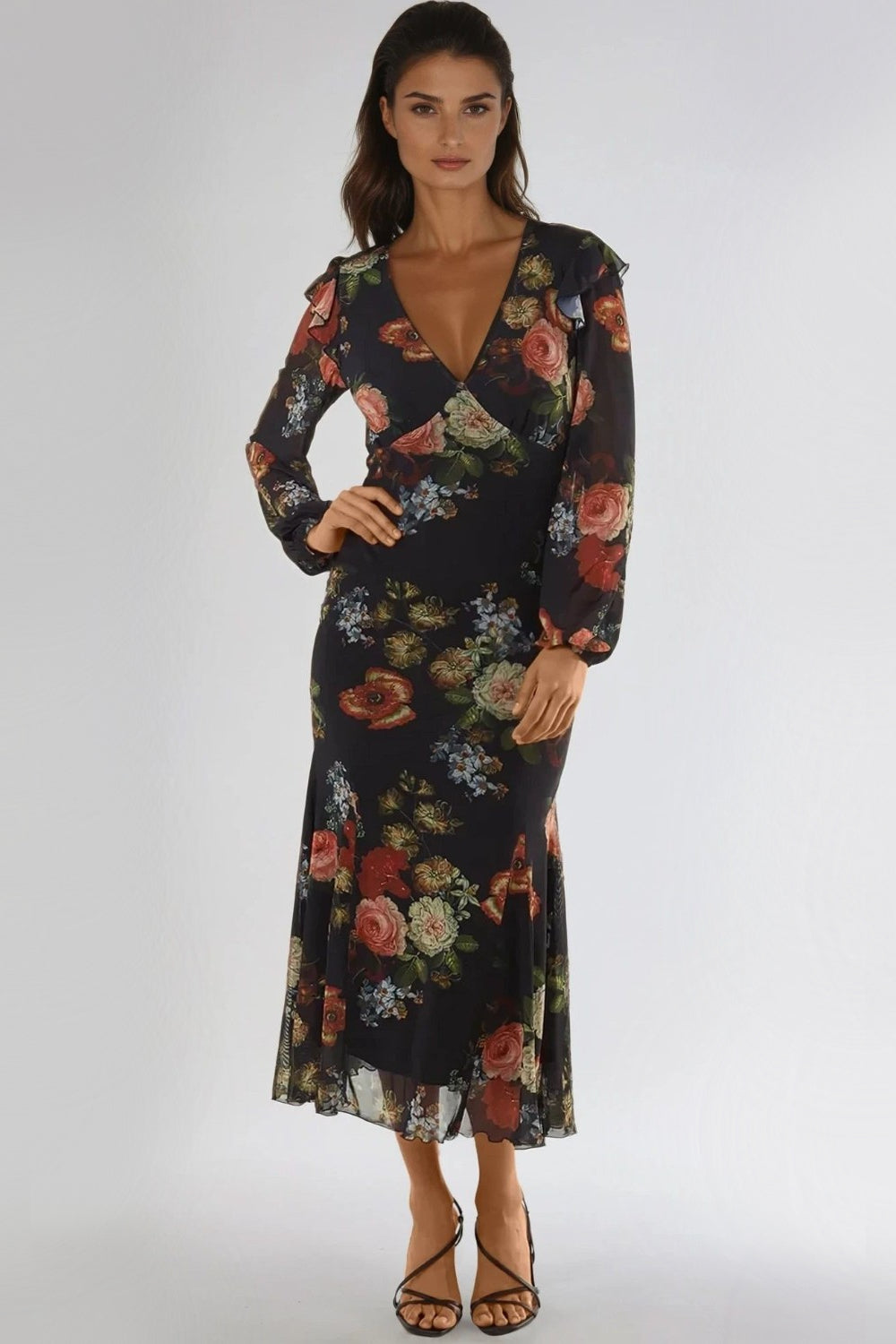 Black Floral V Neckline Midi Dress-0