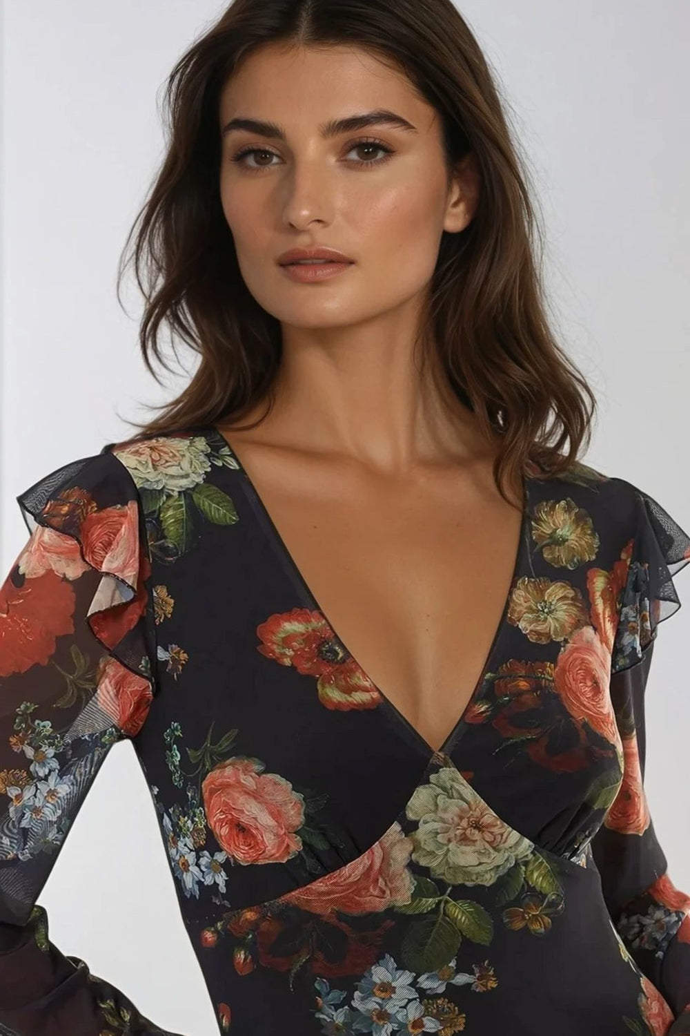 Black Floral V Neckline Midi Dress-1