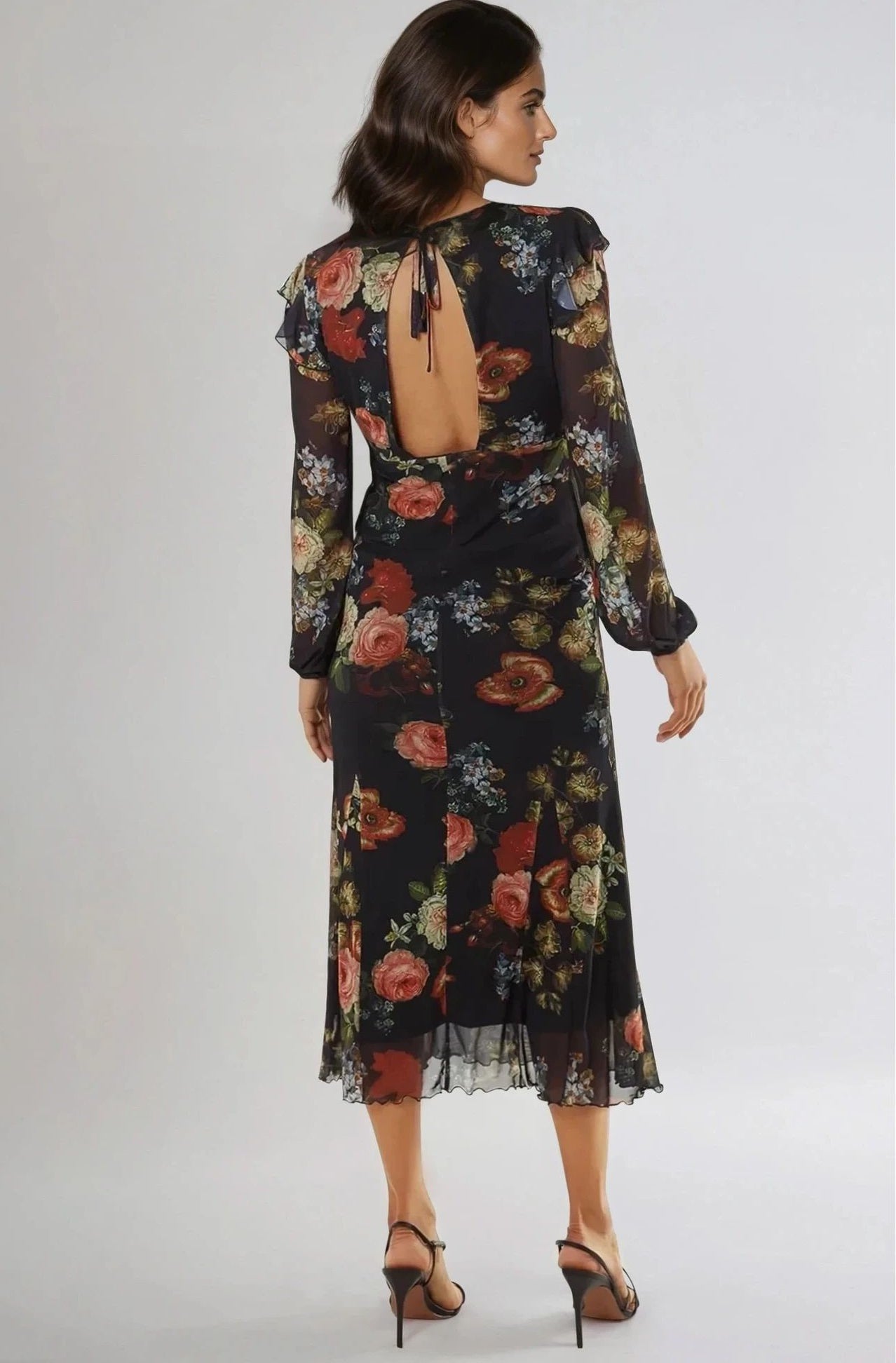Black Floral V Neckline Midi Dress-2