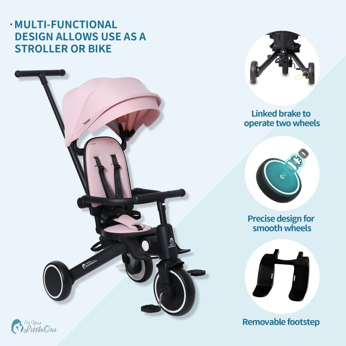 Foryourlittleone Xplor Plus 6 in 1 Foldable Trike - Pastel Pink (10m-4y)-2
