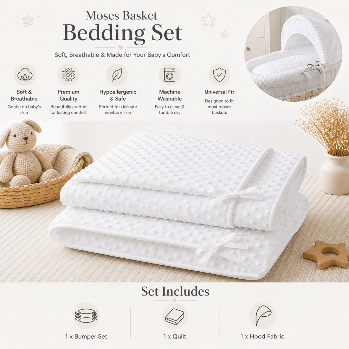 White Dimple Moses Basket Bedding Set (Basket Not Included!)-2